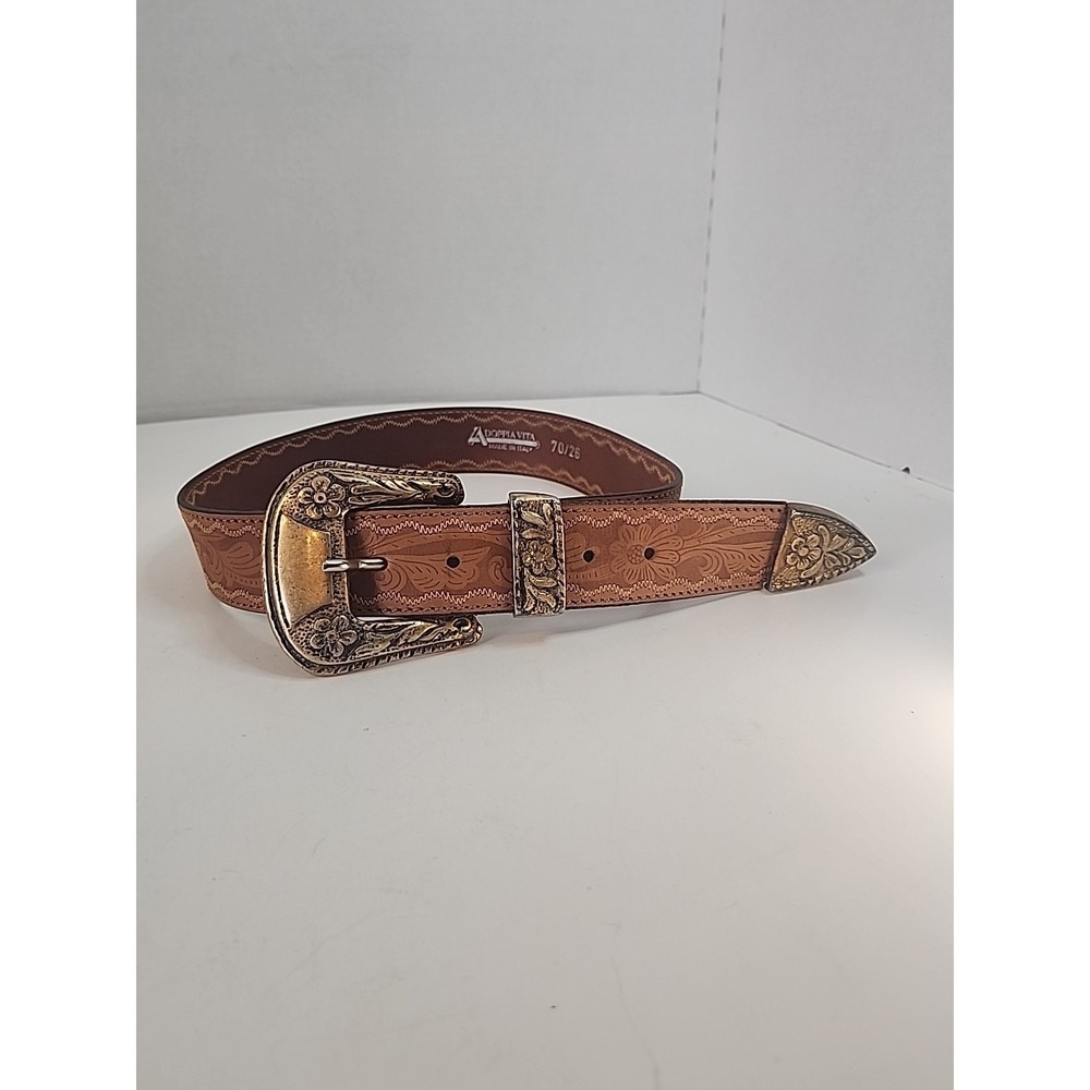 Vintage 90s Adoppia Vita Italy Western Tooled Leather Belt Gold Ornate Hardware